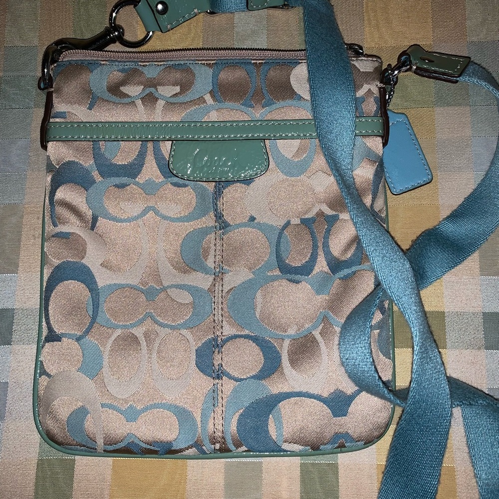 Coach Blue and Tan Crossbody Bag with Adjustable Strap
